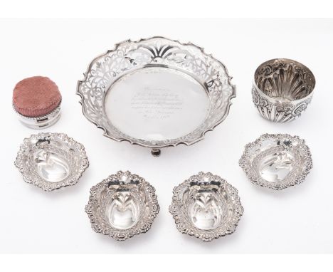 A mixed group of silver including; a Victorian tumbler cup by George Emmerton, London 1894, four Birmingham oval bon bon dish