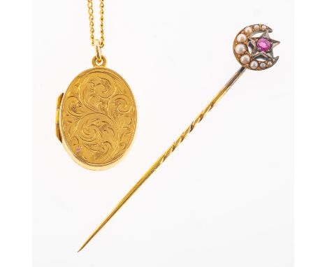 A locket with chain and a stick pin, an oval locket with foliate carving to the front panel, indistinct marks to verso, maker