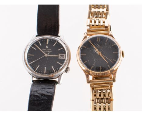 Three wristwatches to include:Bulova Accutron, a stainless-steel gentleman's wristwatch the round black dial having raised ba