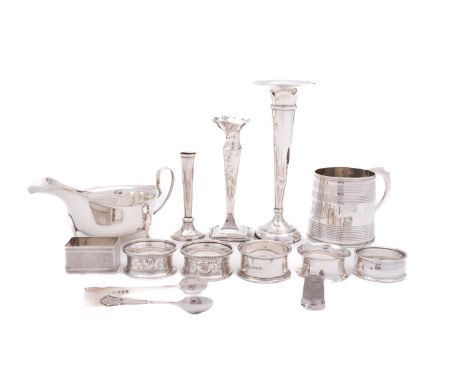 A mixed group of silver including; a George III silver christening mug probably by John Jones III, London 1817, engraved J.C.