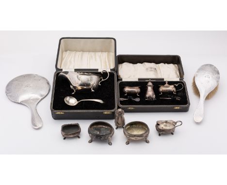 A mixed lot of silver including; a cased sauce boat and ladle by Adie Brothers Ltd, Birmingham 1956, a cased three piece crue