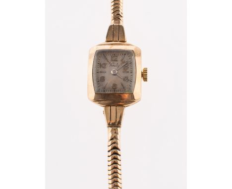 Verity, a lady's 9K gold wristwatch the silvered square dial having raised gold baton and Roman numerals, gold baton hands an