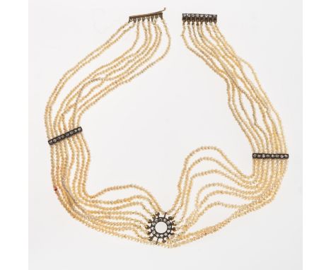 An antique eight row seed pearl and diamond choker, eight rows of seed pearls, interspaced by two rose-cut diamond set bars a