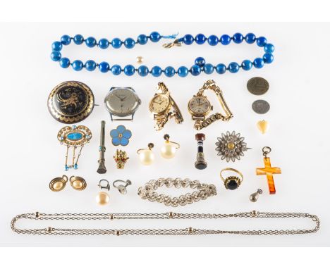A mixed group of jewellery and watches, including a string of blue hardstone beads, (needs re-stringing); a propelling pencil