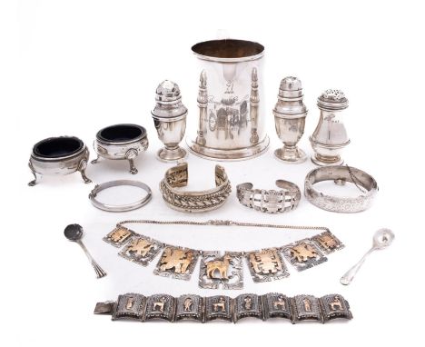 A mixed group of silver including; an Elizabeth II silver presentation tankard by Alexander Clark & Co Ltd, Sheffield 1959 wi