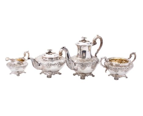 A William IV four piece tea and coffee service by Richard Pearce & George Burrows, London 1834, of baluster form, domed hinge