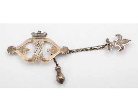 A Henry Ellis patent safety chain silver kilt/shawl pin by Henry Samuel Ellis & Co, Exeter, 1847, made for the Combe Martin S