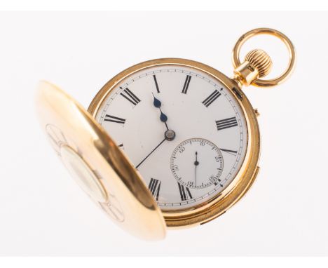 Allamand, London an 18K gold half-hunter quarter repeating pocket watch the white enamel dial having black Roman numerals, bl