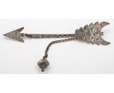 A Victorian silver kilt/shawl pin by Henry Ellis & Co, Exeter, 1847, engraved maker's mark and "Combmartin Silver"arrow shape