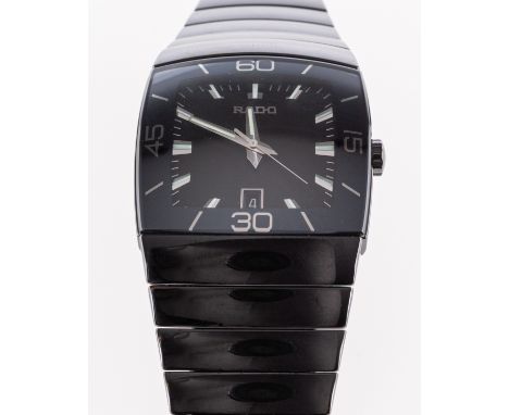 Rado Diaster, a gentleman's Ceramic wristwatch the cushion dial having raised baton luminous numerals, baton hands, date aper