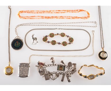 A mixed group of silver, costume jewellery and watches, including a charm bracelet with heart padlock and safety chain, heart