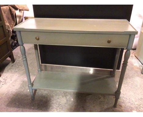 A modern hall table with single frieze drawer on turned supports united by undertier, in eggshell blue (74cm x 86cm x 31cm)