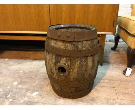 A vintage small barrel or keg, with iron straps (a/f), inscribed Wm. McEwan, Edinburgh 1900 (43cm x d.35cm)