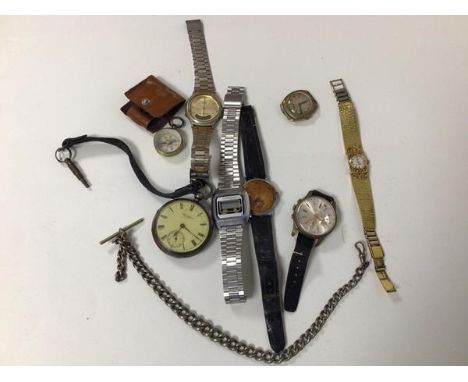 A group of gentleman's wristwatches, including Casio and a lady's Compass wristwatch and a silver albert chain (latter: 50.94