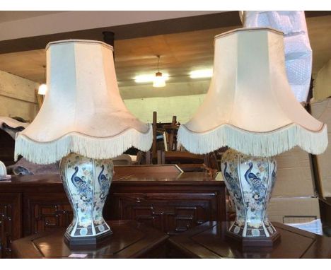 A pair of modern Japanese style table lamps of faceted baluster form, with a repeating peacock and flower pattern, complete w