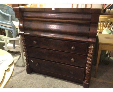 A Victorian mahogany Scotch chest, with inverted break front top above secret recess above four long drawers flanked by barle