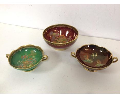 A 1930s/40s Carltonware bowl, stamped Rouge Royale to base (7cm x 16cm), a footed two handled bowl or drinking cup inscribed 