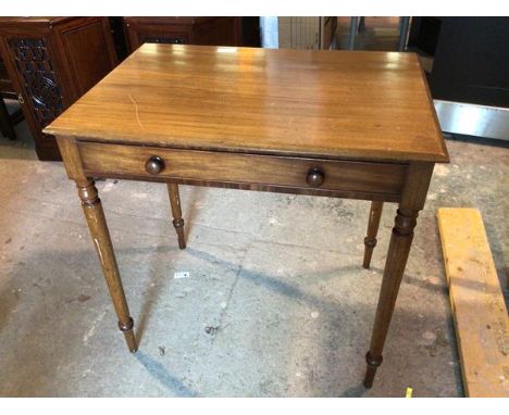 A 19thc mahogany writing table, fitted single frieze drawer on turned supports (75cm x 77cm x 53cm)