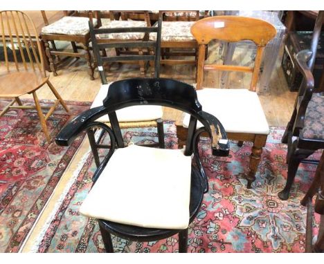 A mixed group of chairs including an ebonised armchair with anthemion relief to seat and a late Victorian pine side chair and