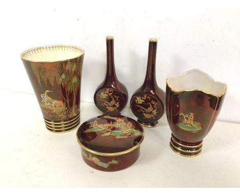 A 1920s/30s Carltonware flared vase, stamped Handpainted and Rouge Royale to base (16cm) and two bud vases, a footed vase and