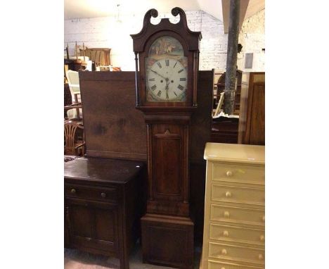 A 19thc mahogany grandfather clock with swan neck pediment above a painted dial depicting the Four Continents and Lady disemb