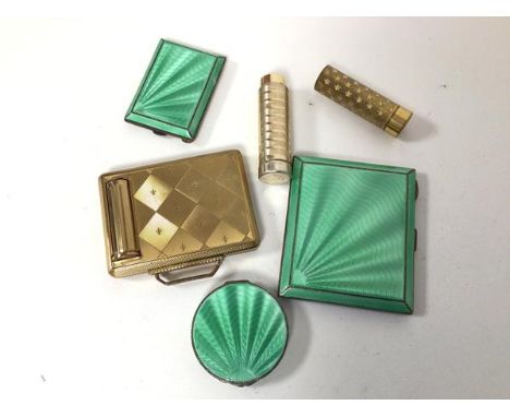 A 1920s/30s Birmingham silver cigarette case with mint green guilloche exterior and a matching smaller case and compact (ciga