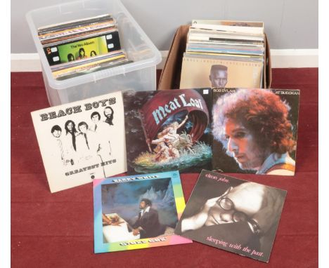 Two boxes of vinyl LP records. Elton John, Barry White, Beach Boys, Meat Loaf, Bob Dylan examples etc.  