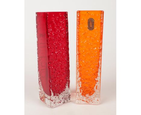 Two Whitefriars nail head square pattern vases - in ruby red &amp; orange. H: 17cm.  Condition good, no chips or cracks. The 