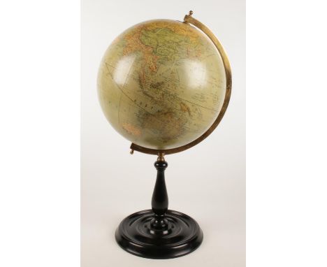 A Greaves &amp; Thomas globe on turned ebonised stand.  Stamp for Merzbach and Falk Geographical Institute of Brussels 1881. 