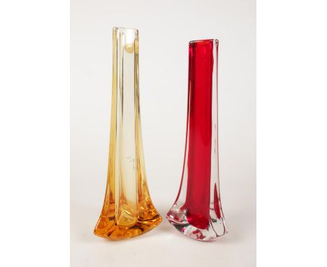 Two Whitefriars three sided vases - in Amber &amp; Ruby red. Tallest: H:24.5cm.  Condition good. Not chips or cracks. Amber p