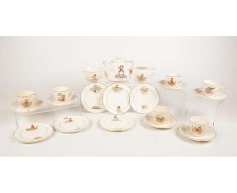 A 'Sylvan' child's nursery rhyme complete tea set. Comprising of a teapot, sugar and milk jug, six cups and saucers and six p