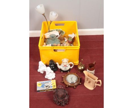 A box of miscellaneous. Including upcycled lamp, buddhas, Victorian dressing table set, Tony Wood pig teapot, etc.  