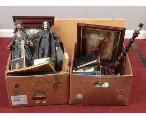 Two boxes of miscellaneous. cased canteen of cutlery, Brother EP-22 typewriter, Jack Sparrow &amp; The Crow figures examples 