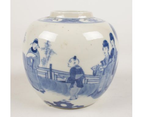 A 19th century Chinese Kangxi style ginger jar. Painted in underglaze blue with a nobleman and his attendants in a garden lan