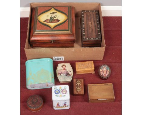 A box of vintage boxes and tins. Including inlaid examples, etc.  