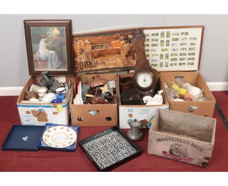 Four boxes of miscellaneous. Including framed pictures, Moosehead beer advertising crate, barometer, etc.  