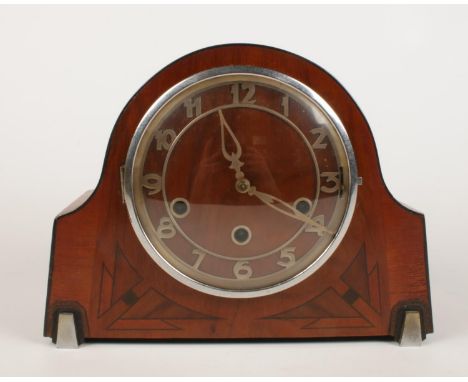 An Art deco inlaid Westminster chime mantle clock. (27cm width, 21cm height, 12cm depth)  