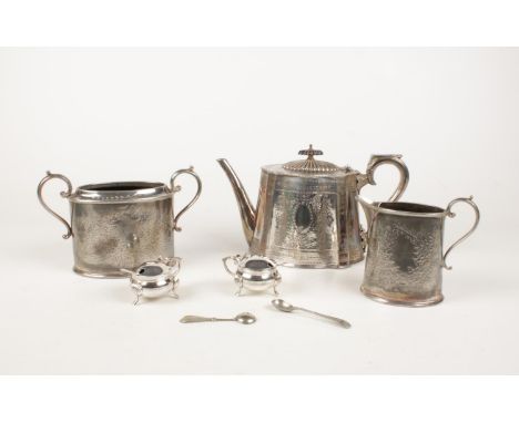 A group of silver plate. Teapot, coffee pot, mustard pots examples etc.  