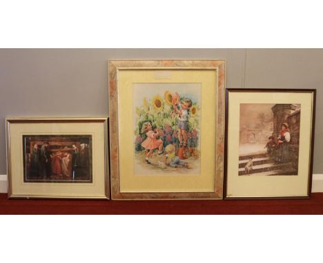 Three framed pictures - comprising of a watercolour illustration signed in pencil by 'M Sinclair' and a print by 'Rossetti' o