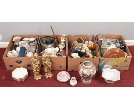 Four boxes of miscellaneous. Including two large gilt figures, glassware, Nao figure, Poole, Rockingham plate,  etc.  Rocking