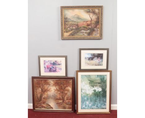 A selection of five paintings and prints. Comprising of an oil on canvas rural scene signed (I Cafiero) H: 50cm, W:59.5cm - a