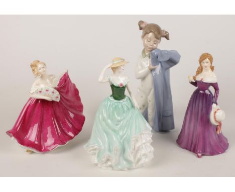 Three Royal Doulton ceramic lady figurines along with a Nao figure of a young girl.  