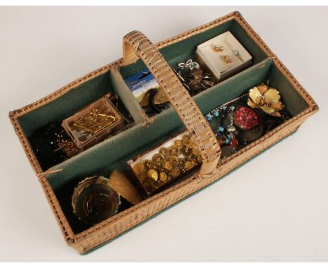 A wicker cutlery basket with contents of vintage jewellery &amp; findings. Including necklaces, brooches, buttons, etc.  