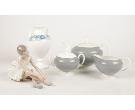 A group of ceramic's. Wedgwood teapot, milk jug, lidded sugar bowl &amp; a Nao ballerina figurine.  