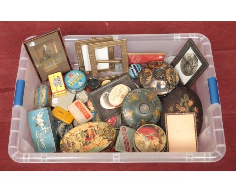 A box of assorted vintage tins and photograph frames. Includes Duncan's, Rowntree's etc  