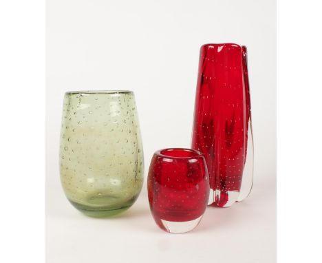 A selection of three 'Whitefriars' controlled bubble vases - two in ruby red &amp; one in pale green. Tallest: H: 18.5cm.  Co