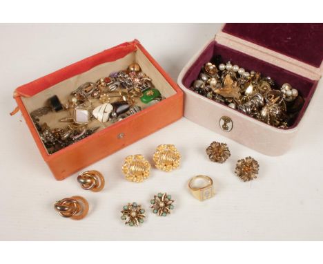 A collection of costume jewellery. Mainly earrings, includes silver gilt dress ring.  