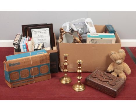 Two boxes of miscellaneous. Ronson Escort hairdryer (boxed), Brass candlesticks, vintage musical teddy bear examples etc.  