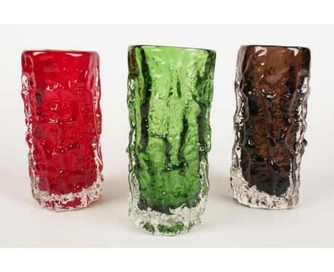 Three 'Whitefriars' bark textured vases - designed by Geoffrey Baxter. Moss green, ruby red &amp; smoky brown. H: 15cm.  Cond
