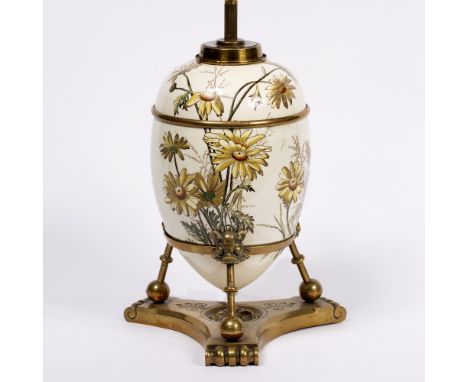 Aesthetic pottery table lamp with engraved brass base, 30cm high